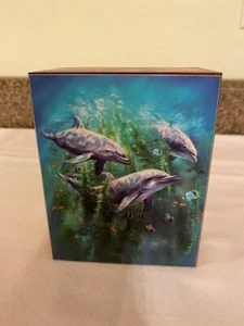 Cedar Trinket Box Hinged Lid Beautiful Dolphin Photo on Front Perfect Condition! - Picture 1 of 7