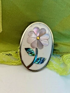 Vintage Alpaca Silver Brooch Pendant Mother of Pearl Mexico - Picture 1 of 9