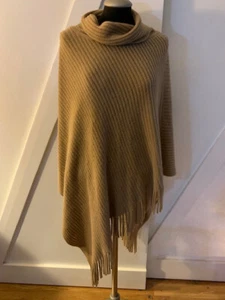 ONE SIZE BEIGE SWEATER PONCHO ASYMMETRICAL with fringe - Picture 1 of 8