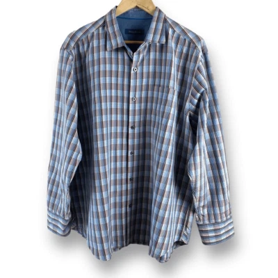 Tommy Bahama Para Hombre XL 100% Seda Manga Larga Abotonada Azul Marrón Punto Cuadros Otoño Foto 1 de 4