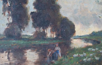 Ungarn Genremalerei Bauerinnen Wäsche Flußlandschaft János Rakosi Öl Leinwand - Bild 1 von 4