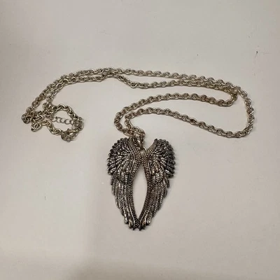 Long Silver Tone Angel Wing Textured Necklace - Image 1 of 4