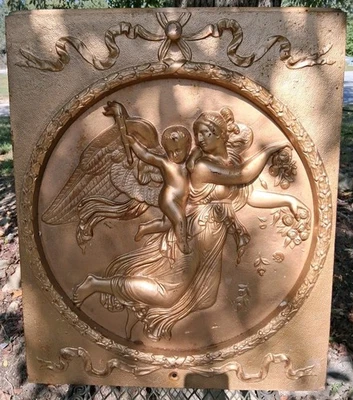 1800's Antique Cast Iron  Fireplace Cover Plate Diana, Cherubs Victorian Read - Image 1 of 4