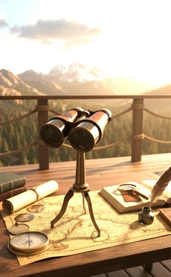 Vintage Brass & Wood Binoculars on Tripod – Antique Style Nautical Decor - Image 1 of 4