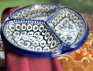 New Polish Pottery Boleslawiec  9.75" Round Divided Serving Dish Floral Pattern - Picture 1 of 12