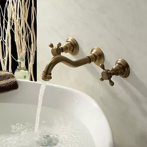 Antique Brass 3 pcs Vanity Sink Basin Mixer Wall Mounted Taps 2 Handles Faucet - Bild 1 von 7