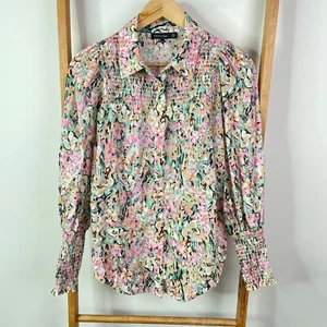 Decjuba Shirt Top Womens 8 Pink Floral Linen Cotton Blend Button Up Smocked - Picture 1 of 11