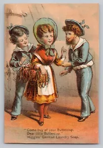 Victorian Trade Card Higgins German Laundry Girl sells Buttercups to Sailors - Picture 1 of 2