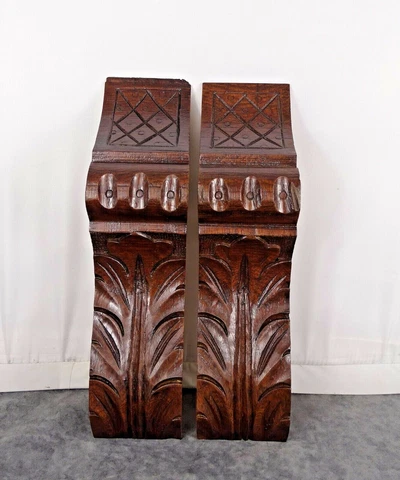 10.4 " Two Antique French Carved Oak Wood Corbel - Pillars- Brackets Salvage Cover