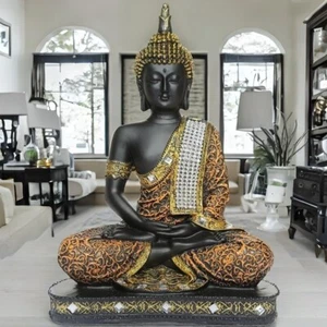 Buddha Statue Large Outdoor Garden Happy Antique Thai Zen Stone Sitting New Gift - Picture 1 of 7