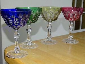 FOUR VINTAGE CHAMPAGNE OR MARTINI GLASSES CRYSTAL COLORED COLOR CUT BOHEMIAN - Picture 1 of 14