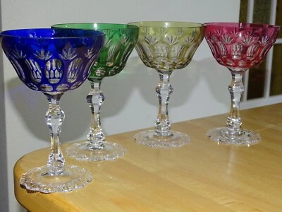 FOUR VINTAGE CHAMPAGNE OR MARTINI GLASSES CRYSTAL COLORED COLOR CUT BOHEMIAN - Image 1 of 4