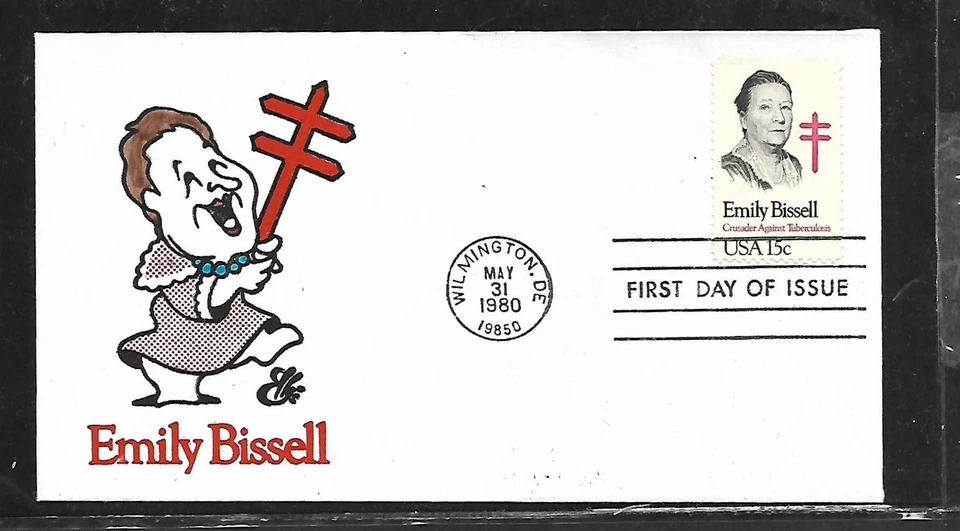 USA HAND PAINTED EMILY BISSELL 1980 RICH ELLIS ANIMATED FIRST DAY COVER + CACHET - Image 1 of 1