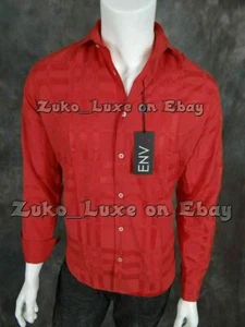 Mens ENVY COUTURE Shirt Red on Red Plaid Jacquard Button Front - Picture 1 of 7