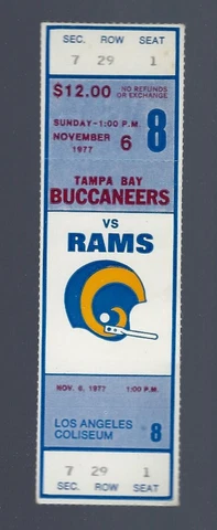 VINCE FERRAGAMO FIRST TD - 1977 NFL BUCCANEERS @ LOS ANGELES RAMS FULL TICKET Cover
