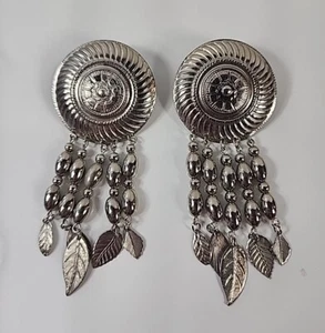 Concho Post Earrings w/Articulating Silver Feathers, 3” Long - Picture 1 of 8