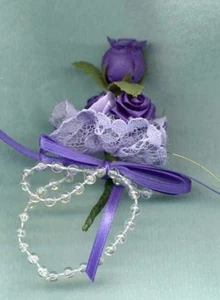  BRIDE DOLL BOUQUET - PURPLE ROSEBUD W/ PEARL CENTER LAVENDR LACE PURPLE RIBBON - Picture 1 of 1