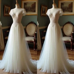 Vintage Wedding Dresses Short Sleeve Lace Appliques V Neck A Line Bridal Gown - Picture 1 of 9