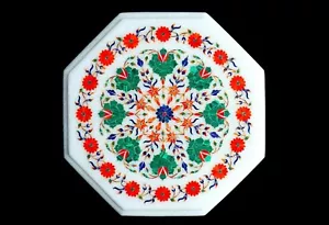 12" White Marble Semi Precious Stones Inlay Craft Work Table Top - Picture 1 of 1