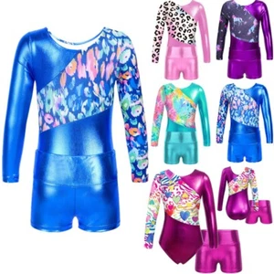 Kids Girls Shiny Long Sleeve Gymnastics Leotard with Booty Shorts Dancewear - Picture 1 of 36
