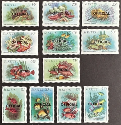 ST. KITTS 1984 Set of 12 MNH OFFICIAL Overprint Sc #O29-O40 Marine Life Fish - Image 1 of 2