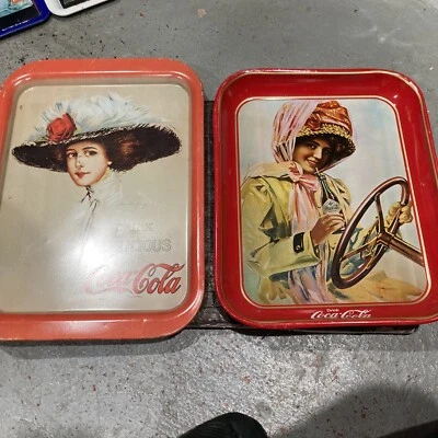 Coca Cola Tray Gibson Girl Driving Car Rectangular Red Tin / 2 Pack - Image 1 of 4