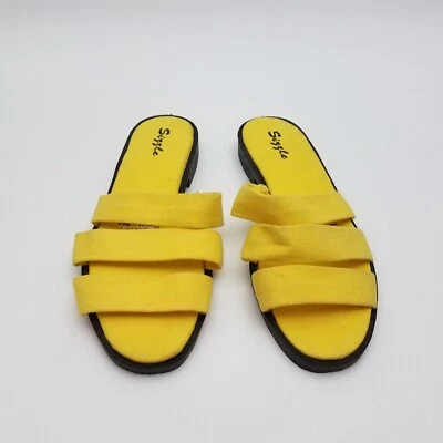 80's Vintage Women's Size 6 Yellow Triple Strap Canvas Slide Sandals by Sizzle  - Image 1 of 4