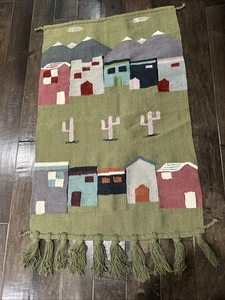 Tapestry Woven Wool Green Southwest Hacienda Cactus Tribal Wall Hanging 40”x27” - Picture 1 of 8