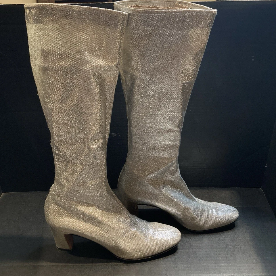 Vintage 1960's Herbert Levine Fitted Silver Boots, Size 7, GoGo Boot NEED REPAIR - Image 1 of 4