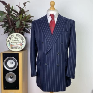 Savile Row Bespoke (40S) Navy + Chalk Stripe Double Breasted Suit Jacket Blazer - Picture 1 of 18