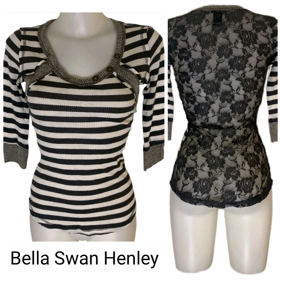 Y2K 90s Wet Seal Sz M Womens White Stripe Lace Henley Top Bella Swan Grunge Goth - Image 1 of 4