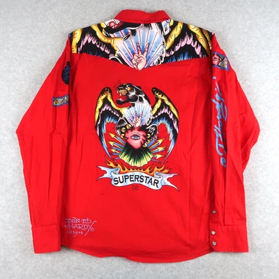 Camisa Ed Hardy Para Hombres L Roja Perla Occidental Tatuaje a Presión Gráfico Christian Audigier Foto 1 de 4