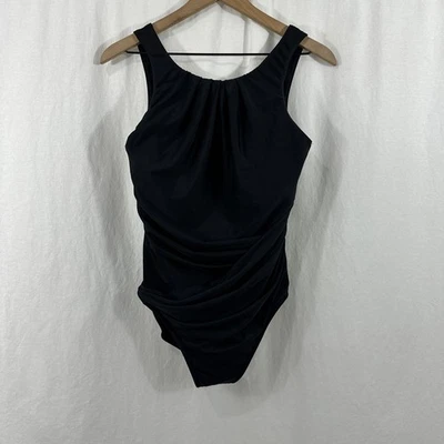 Купальник цельный Miraclesuit черный Asbury с высоким воротником на косточках собранный в рюш 14*ЧИТАЙТЕ - Изображение 1 из 4