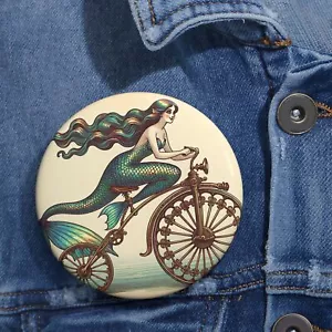 Custom Pin Button Badge Mermaid Bicycle Vintage Style Illustration Sea Natuical - Picture 1 of 3