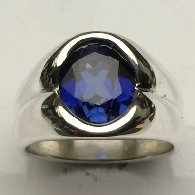 ANILLO HOMBRE PLATA ESTERLINA MJG. 12 x 10mm ZAFIRO AZUL CREADO EN LABORATORIO OVALADO. Talla 9+ Foto 1 de 4