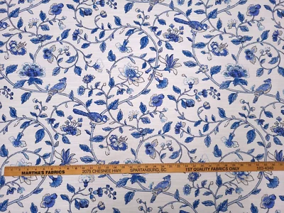 Waverly SUMMER ISLES SKY Blue White Floral Bird Designer Drapery Uph Fabric - Image 1 of 4