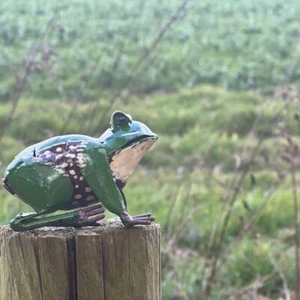 Handcrafted Recycled Metal Hand Painted Green Frog Sculpture, Garden Decoration - Picture 1 of 8