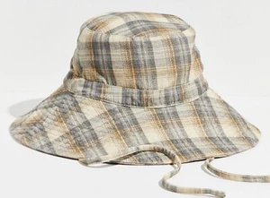 Rahi Free People Ghost Cord Soft Plaid Bucket Hat Tie Adjustable Blue Yellow NEW - Picture 1 of 5