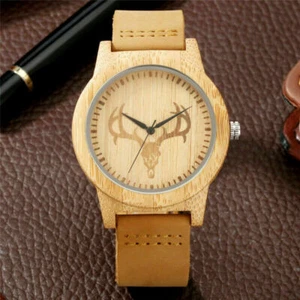 Simple Elk Deer Nature Wood Men's Bamboo Quartz Analog Wristwatch Leather Strap - Picture 1 of 9