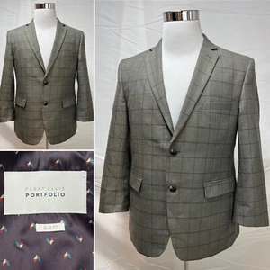 Men's Perry Ellis Slim Fit Gray Windowpane Plaid 2-Button 42S Blazer Jacket - Picture 1 of 8