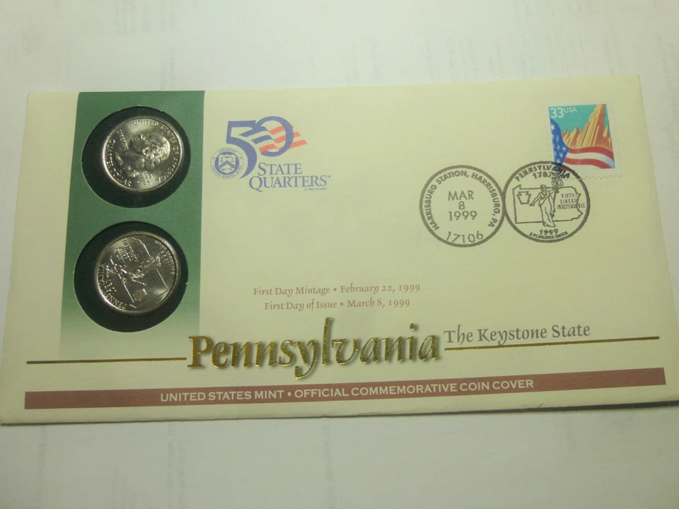 1999-P&D U.S. MINT PENNSYLVANIA OFFICAL COMMEMORATIVE COIN COVER  THE FIST STATE - Image 1 of 4