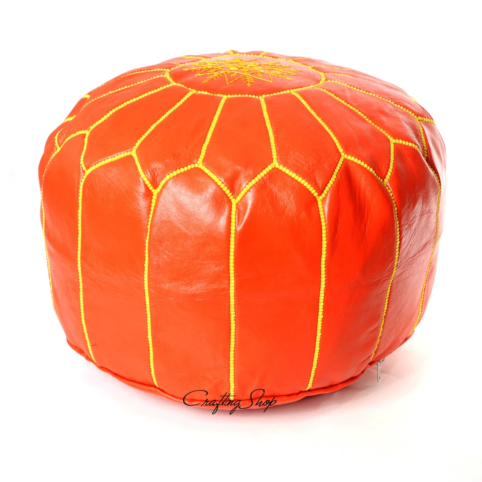 Handmade Moroccan Leather Stuffed Pouf/Ottoman Orange/Yellow - Image 1 of 1