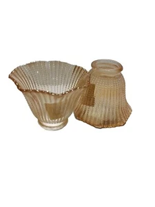 2 Vintage Glass Shades Globes Iridescent Amber Gold Hobnail Beaded 2-1/8" Fitter - Picture 1 of 12