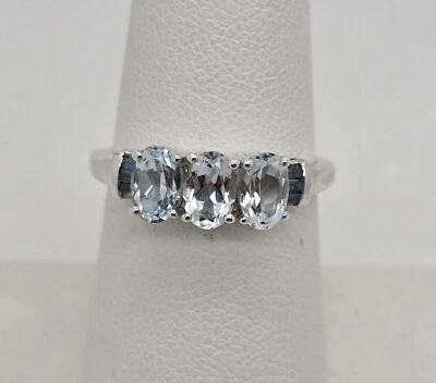 ANILLO TGGC PLATA ESTERLINA 925 AGUAMARINA Y DIAMANTES AZULES HERMOSO TALLA 7 1/2 Foto 1 de 4