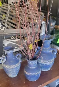 Juego de 3 anillos vintage de cerámica mexicana de arcilla azul jarrón de doble mango - Imagen 1 de 5
