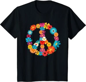 Peace Love 60's 70's Hippie Costume Colorful Flowers Youth Unisex T-shirt - Picture 1 of 7