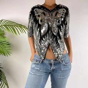 Vintage 80s Black & Silver Silk Sequin Butterfly Open Belly Caftan Top / Sz: M - Picture 1 of 9