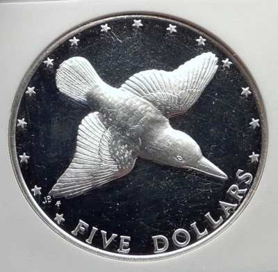 1976 COOK ISLANDS Proof Silver 5 Dollars Coin MANGARA KINGFISHER BIRD NGC i72134 - Image 1 of 4