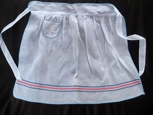 Vintage White Nylon Apron with Royal Blue & Red Bias Tape Stripes AP87 - Picture 1 of 9