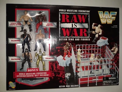 WWF Raw Is War Action Ring & 6 Mini Figures Jakks 1997 NEW WWE Austin Mankind - Image 1 of 4